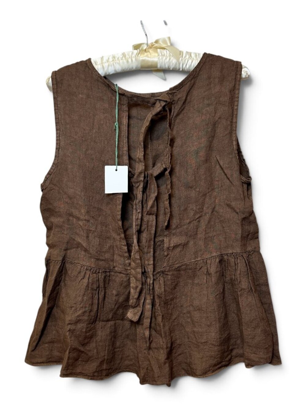 Chocolate Brown Tie Front 100% Linen Womens Tie Front Peplum Blouse Size M Italy
